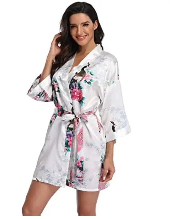 Satin Silk Women Wedding Bridemaid Robe Sexy Crane Print Bathrobe Short Long Kimono Night Gown Robe night wear