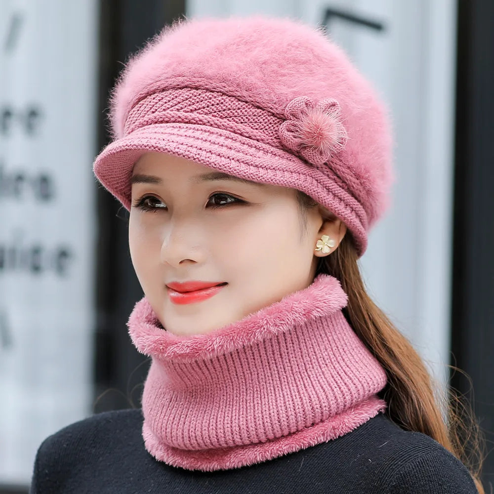 New Women Winter Hat Keep Warm Cap Add Fur Lined Hat & Scarf Warm Set Fashion Hat For Women Casual Faux Fur Flower Knitted Hat caps