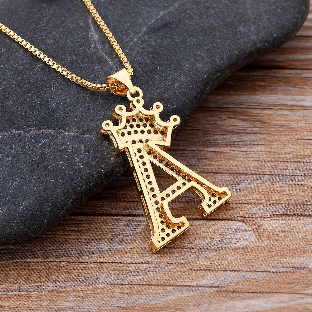 New Luxury Copper Zircon A-Z Crown Alphabet Pendant Chain Necklace Hip-Hop Style Fashion Woman Man Initial Name Jewelry  necklace