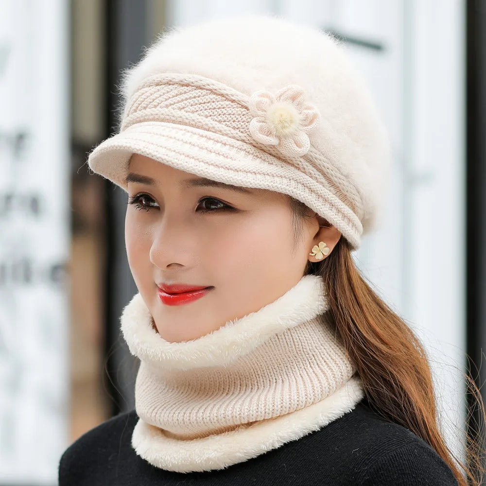 New Women Winter Hat Keep Warm Cap Add Fur Lined Hat & Scarf Warm Set Fashion Hat For Women Casual Faux Fur Flower Knitted Hat caps