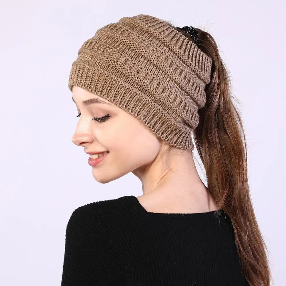 New Women Autumn Winter Ponytail Beanie Hat Solid Color Lady Stretch Knitted Crochet Beanies Hat Cap For Women caps