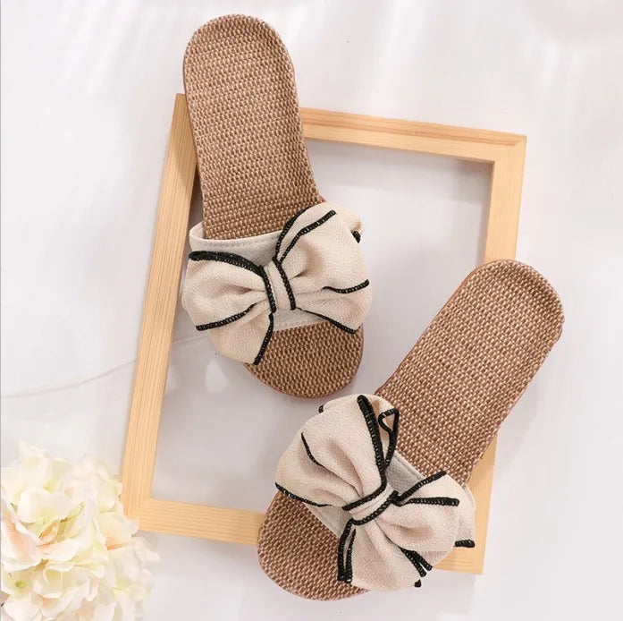 New Casual Sneakers For Home Slippers Summer Bow-knot Soft Floor Woman Indoor Flats Shoes Cute Linen Slipper