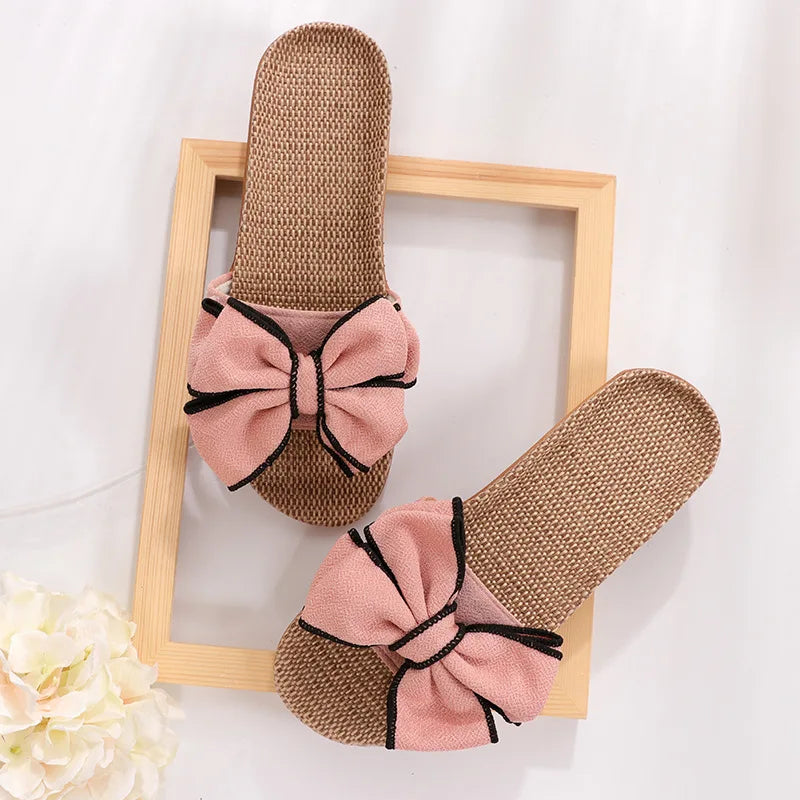 New Casual Sneakers For Home Slippers Summer Bow-knot Soft Floor Woman Indoor Flats Shoes Cute Linen Slipper