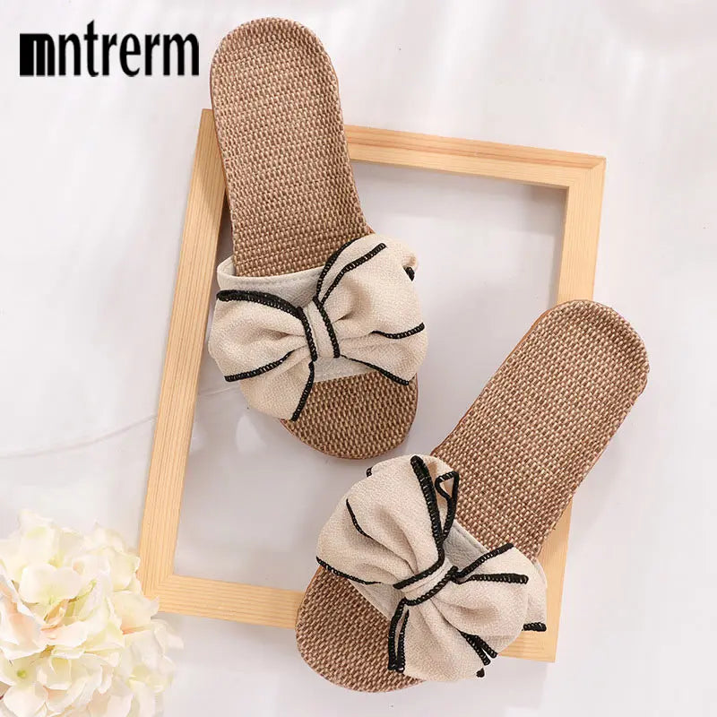 New Casual Sneakers For Home Slippers Summer Bow-knot Soft Floor Woman Indoor Flats Shoes Cute Linen Slipper