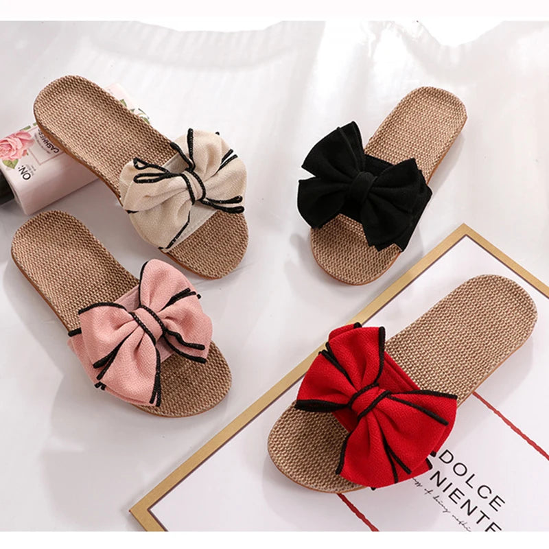 New Casual Sneakers For Home Slippers Summer Bow-knot Soft Floor Woman Indoor Flats Shoes Cute Linen Slipper