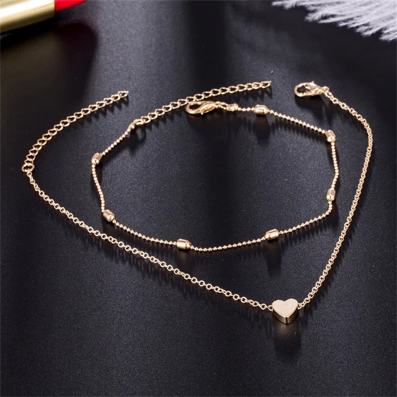 Two Layers Chain Heart Style Gold Color Anklets For Women Bracelets Summer Barefoot Sandals Jewelry On Foot Leg Chai anklet