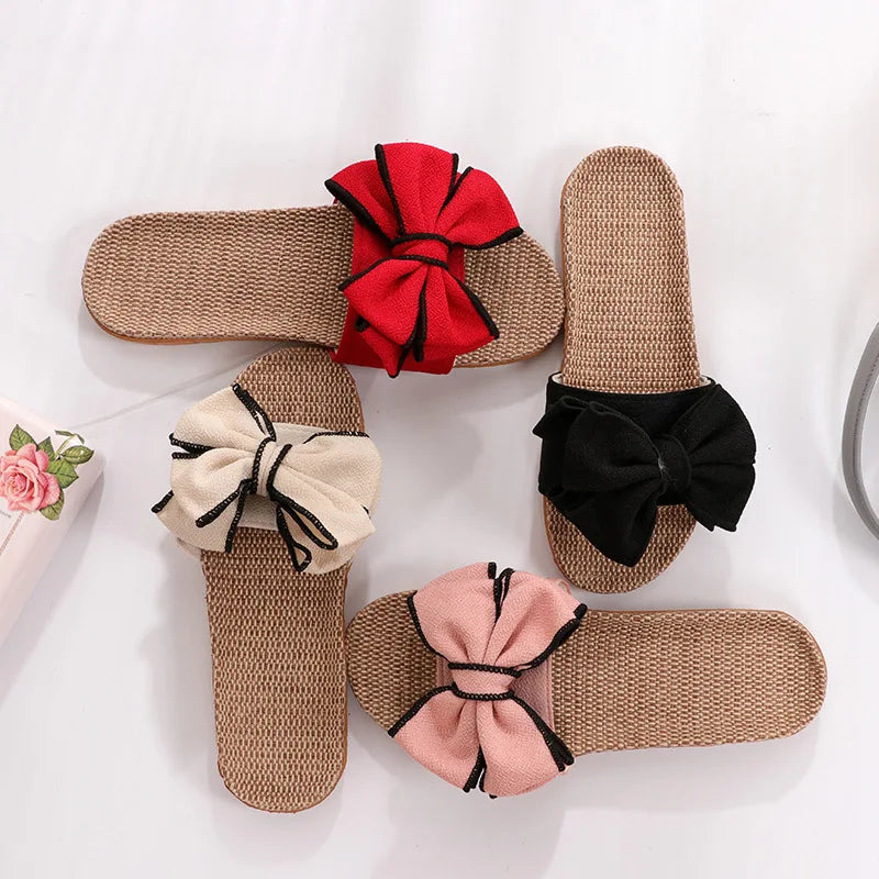 New Casual Sneakers For Home Slippers Summer Bow-knot Soft Floor Woman Indoor Flats Shoes Cute Linen Slipper