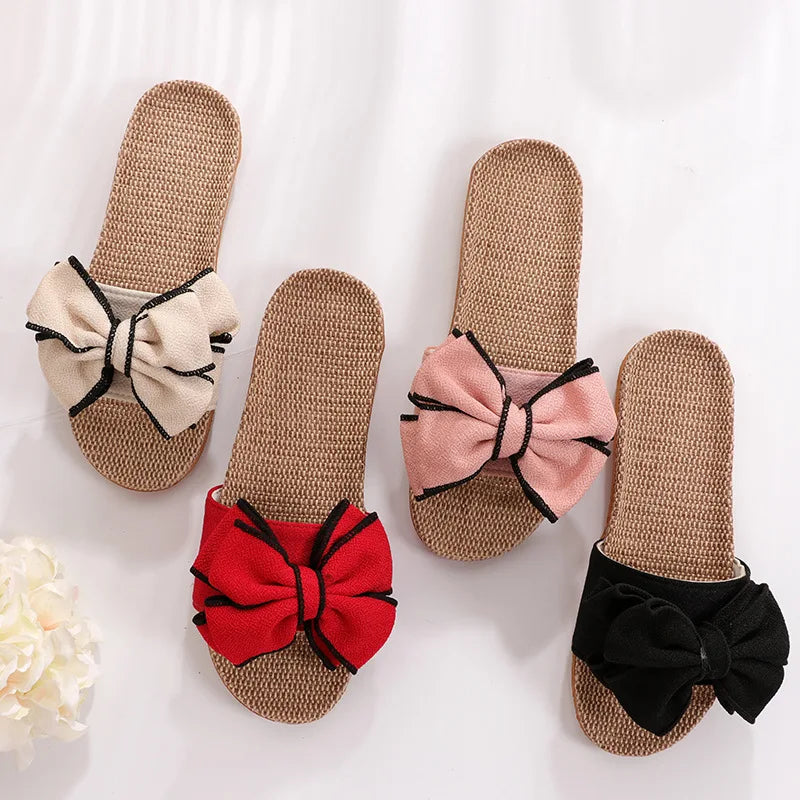 New Casual Sneakers For Home Slippers Summer Bow-knot Soft Floor Woman Indoor Flats Shoes Cute Linen Slipper