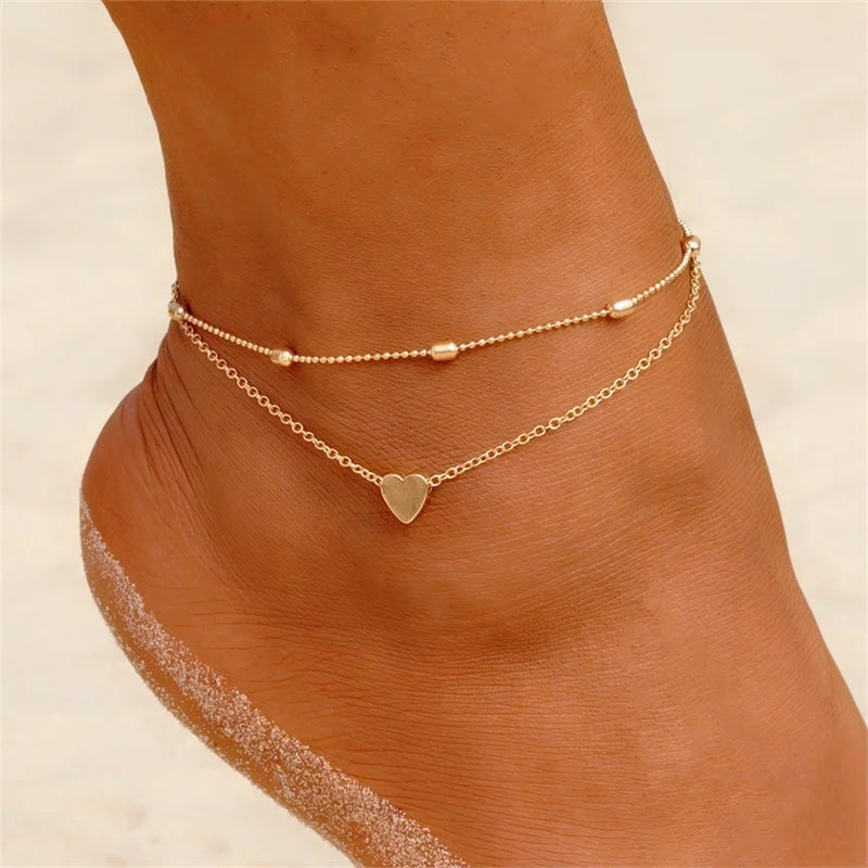 Two Layers Chain Heart Style Gold Color Anklets For Women Bracelets Summer Barefoot Sandals Jewelry On Foot Leg Chai anklet