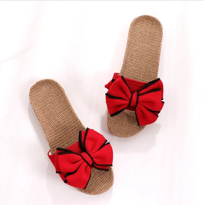 New Casual Sneakers For Home Slippers Summer Bow-knot Soft Floor Woman Indoor Flats Shoes Cute Linen Slipper