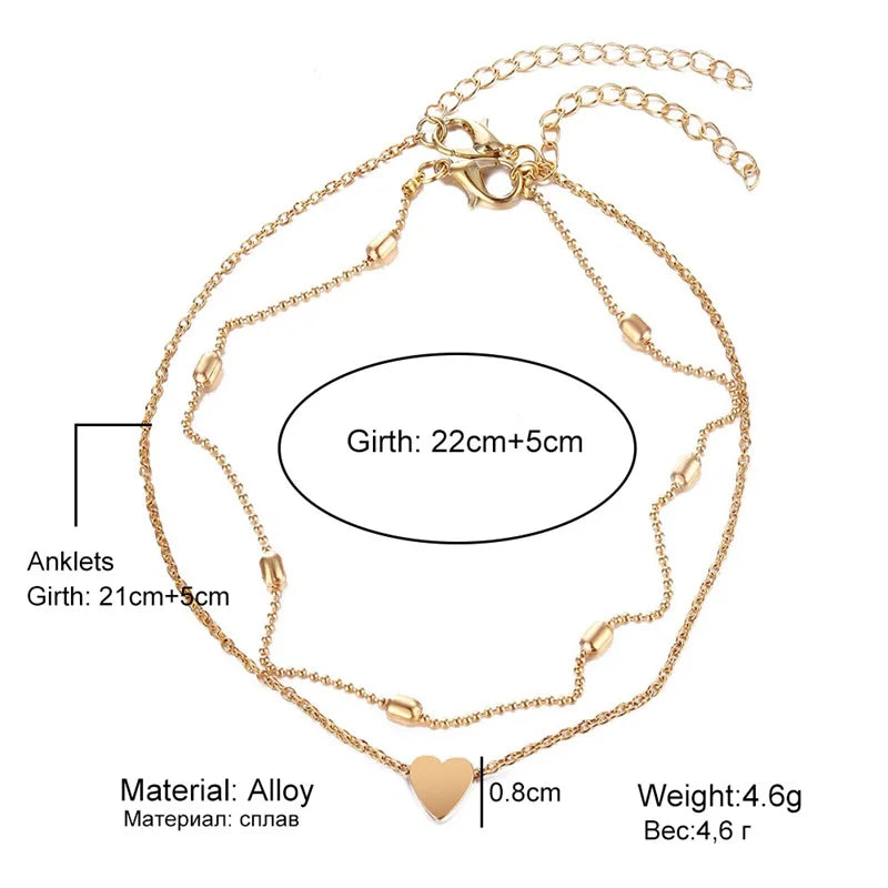 Two Layers Chain Heart Style Gold Color Anklets For Women Bracelets Summer Barefoot Sandals Jewelry On Foot Leg Chai anklet