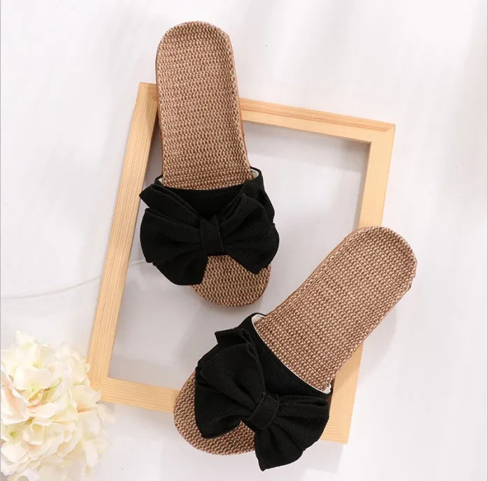 New Casual Sneakers For Home Slippers Summer Bow-knot Soft Floor Woman Indoor Flats Shoes Cute Linen Slipper