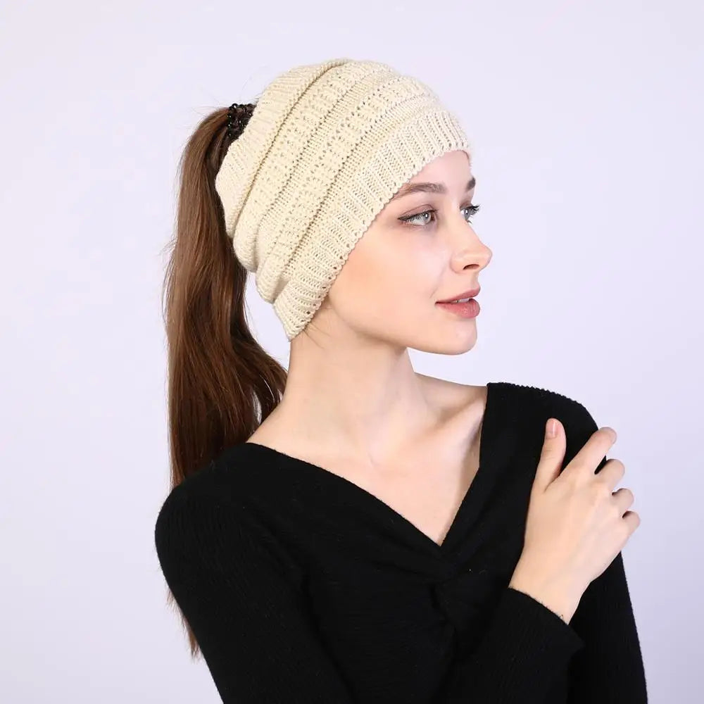 New Women Autumn Winter Ponytail Beanie Hat Solid Color Lady Stretch Knitted Crochet Beanies Hat Cap For Women caps