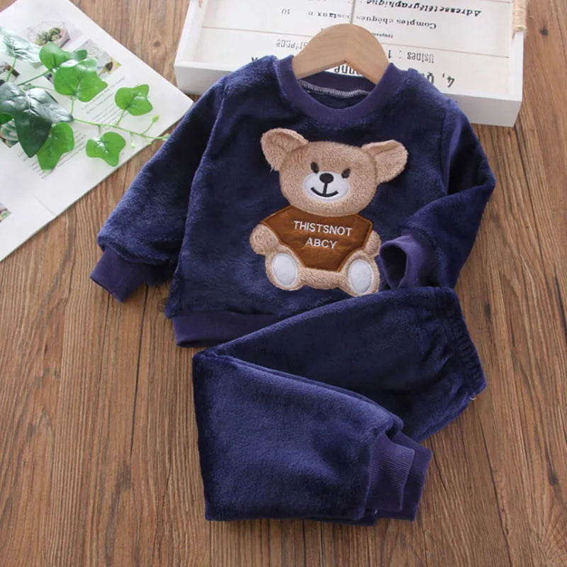 New Winter Baby Girls Boys Homewear Sets Autumn Fashion Flannel Fleece Clothes Kids Cartoon Bear Sleepwear Children Pajamas boys dress