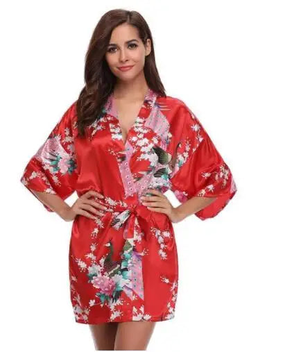 Satin Silk Women Wedding Bridemaid Robe Sexy Crane Print Bathrobe Short Long Kimono Night Gown Robe night wear