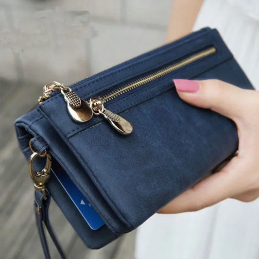 Large Capacity Women's Dull Polish Leather Wallet Double Zipper Clutch Wristlet Purse Phone Coin Card Holder Multi-pocket Wallet bags