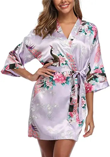 Satin Silk Women Wedding Bridemaid Robe Sexy Crane Print Bathrobe Short Long Kimono Night Gown Robe night wear