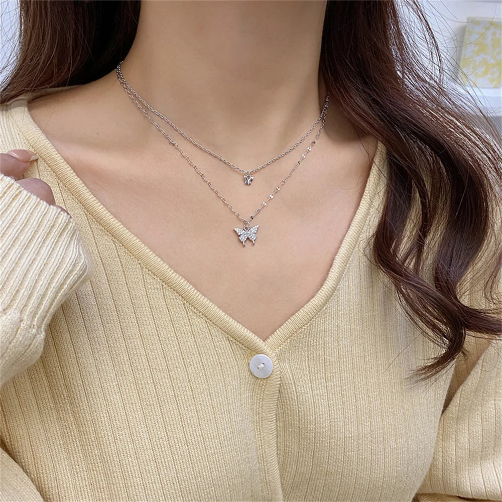 New Shiny Butterfly Necklace Ladies Exquisite Double Layer Clavicle Chain Necklace Jewelry for Ladies Gift necklace