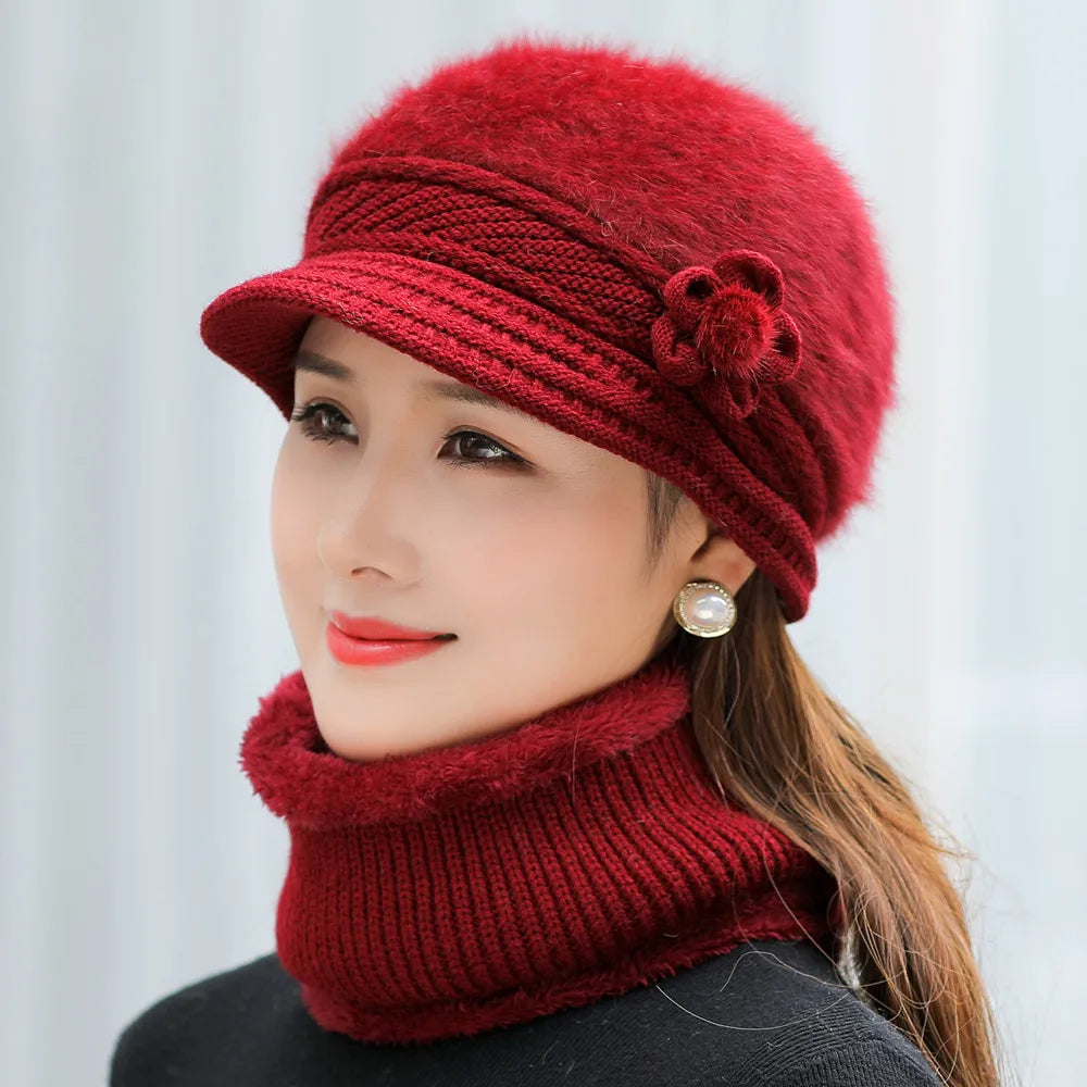 New Women Winter Hat Keep Warm Cap Add Fur Lined Hat & Scarf Warm Set Fashion Hat For Women Casual Faux Fur Flower Knitted Hat caps