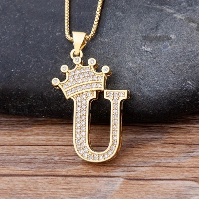 New Luxury Copper Zircon A-Z Crown Alphabet Pendant Chain Necklace Hip-Hop Style Fashion Woman Man Initial Name Jewelry  necklace