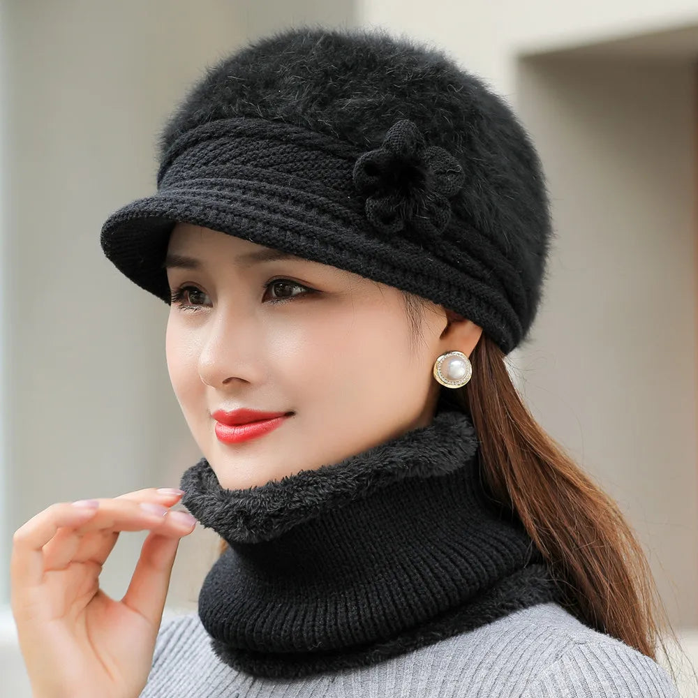 New Women Winter Hat Keep Warm Cap Add Fur Lined Hat & Scarf Warm Set Fashion Hat For Women Casual Faux Fur Flower Knitted Hat caps