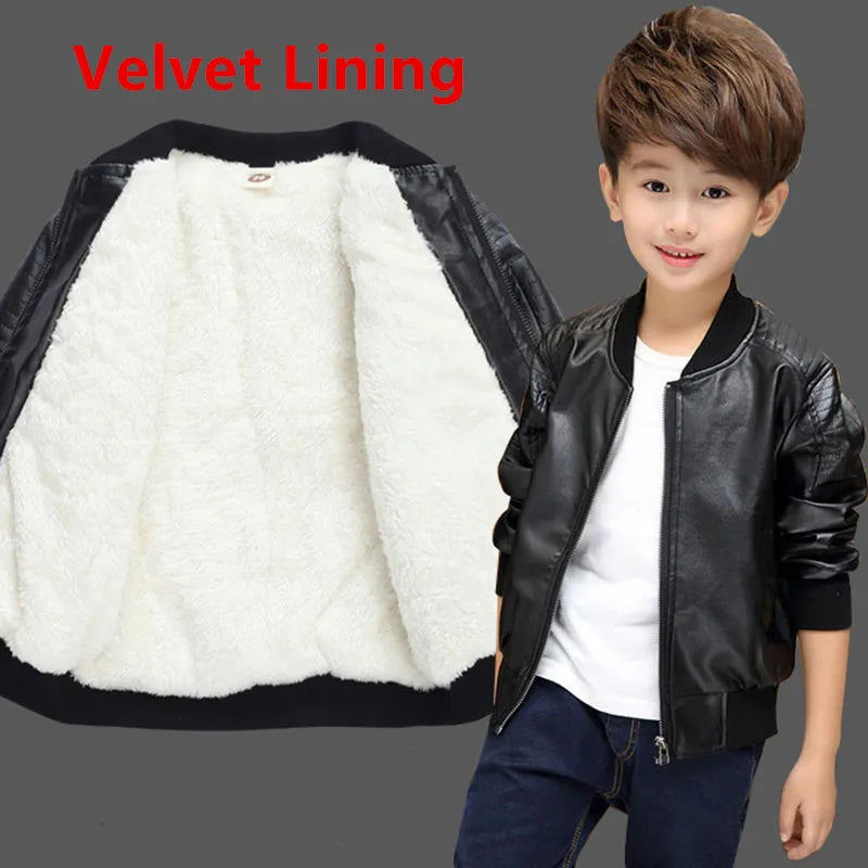 Boys Coats Autumn Winter Fashion Children's Plus Velvet / No Velvet Two styles Warming Cotton PU Leather Jacket For 1-11Y Kids boys jackets and coats