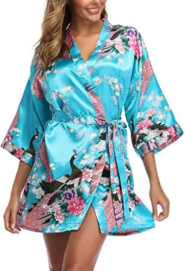 Satin Silk Women Wedding Bridemaid Robe Sexy Crane Print Bathrobe Short Long Kimono Night Gown Robe night wear