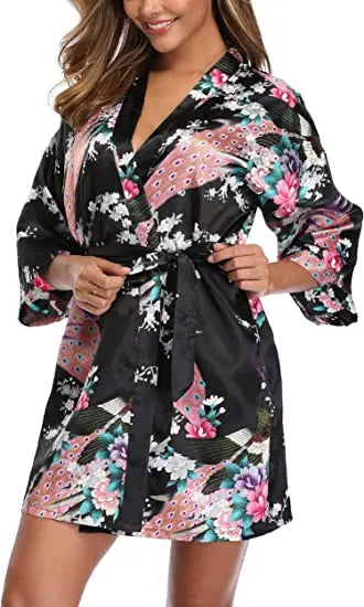 Satin Silk Women Wedding Bridemaid Robe Sexy Crane Print Bathrobe Short Long Kimono Night Gown Robe night wear