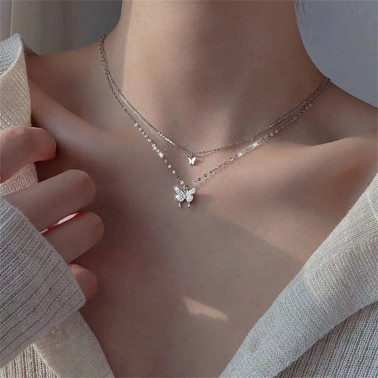 New Shiny Butterfly Necklace Ladies Exquisite Double Layer Clavicle Chain Necklace Jewelry for Ladies Gift necklace