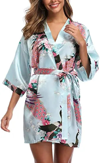 Satin Silk Women Wedding Bridemaid Robe Sexy Crane Print Bathrobe Short Long Kimono Night Gown Robe night wear