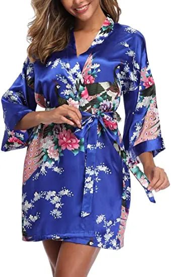 Satin Silk Women Wedding Bridemaid Robe Sexy Crane Print Bathrobe Short Long Kimono Night Gown Robe night wear