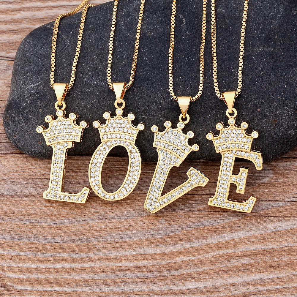 New Luxury Copper Zircon A-Z Crown Alphabet Pendant Chain Necklace Hip-Hop Style Fashion Woman Man Initial Name Jewelry  necklace