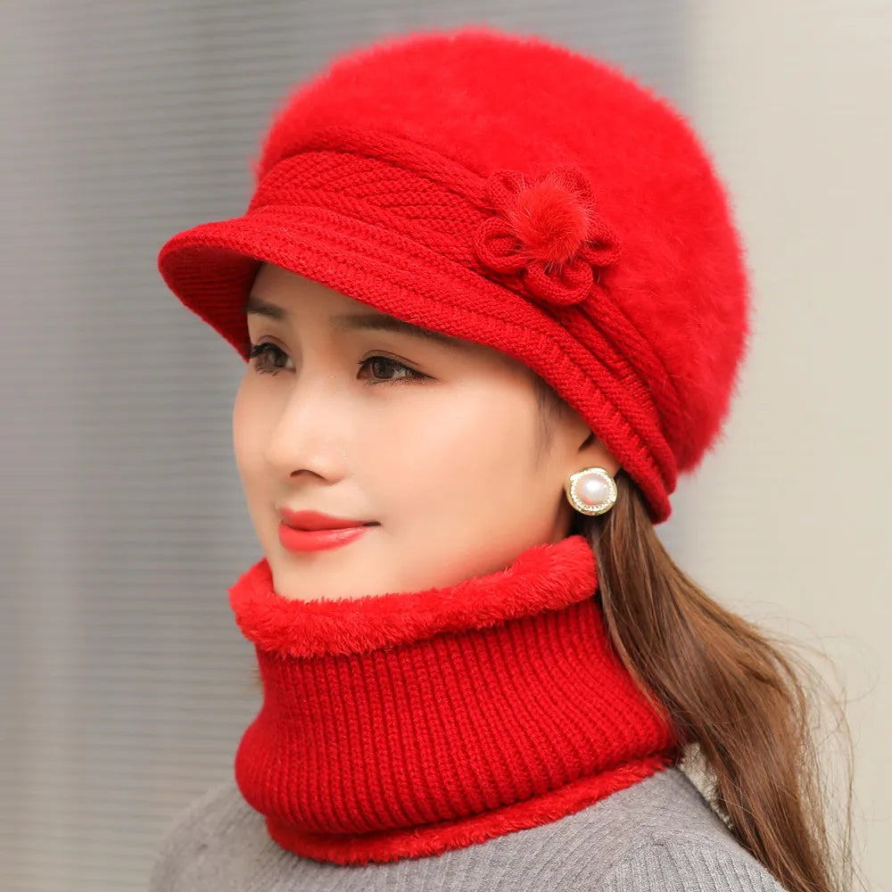 New Women Winter Hat Keep Warm Cap Add Fur Lined Hat & Scarf Warm Set Fashion Hat For Women Casual Faux Fur Flower Knitted Hat caps