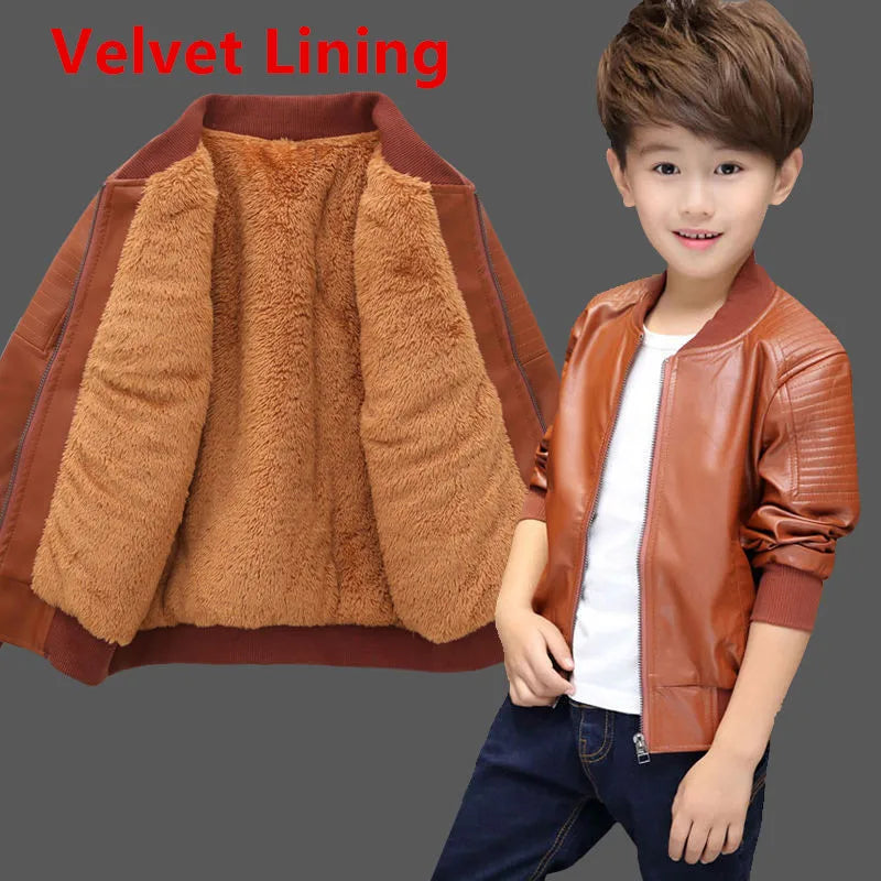 Boys Coats Autumn Winter Fashion Children's Plus Velvet / No Velvet Two styles Warming Cotton PU Leather Jacket For 1-11Y Kids boys jackets and coats