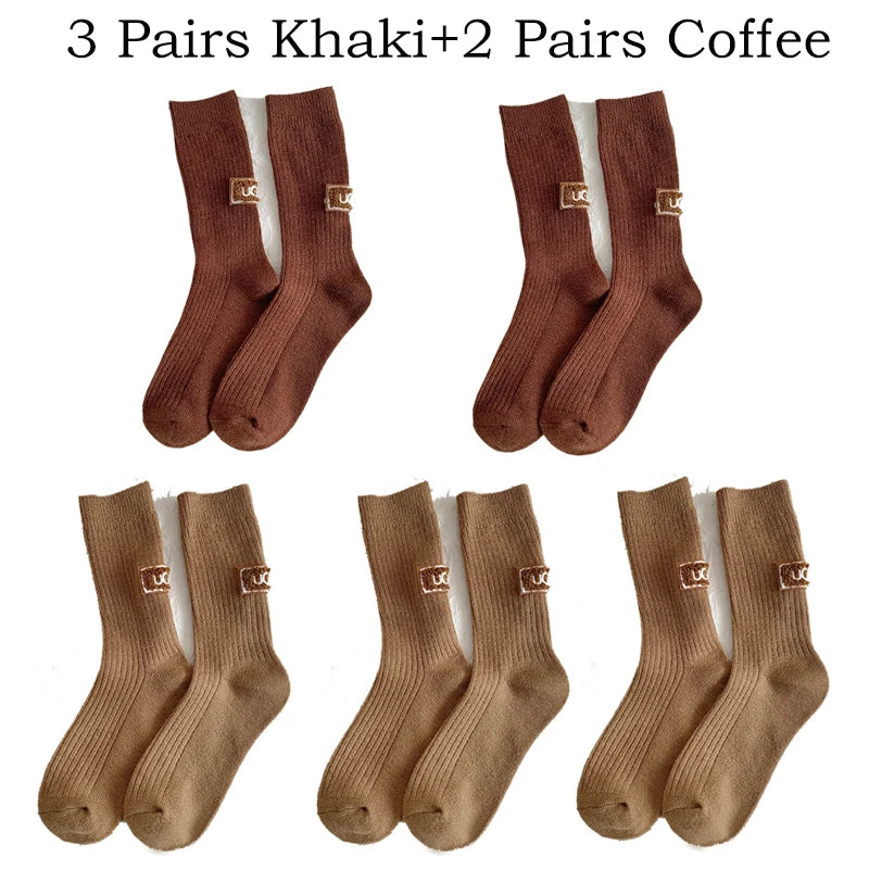 5 Pairs Winter Socks Women Cashmere Wool Socks Solid Warm Thickened Pile Embroidered Logo Mid-Calf Socks Casual Snow Boot Socks