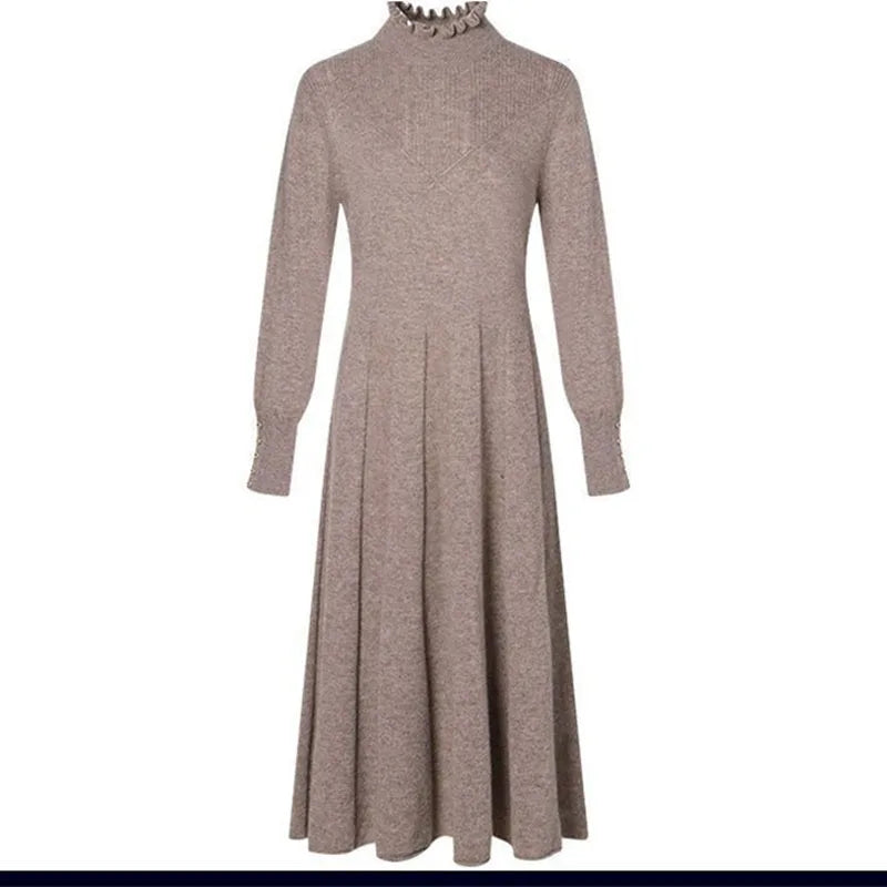 New Woolen Dress Women's Long Pullover Loose Over Knee Dress Versatile Elegant Knitwear Bottom Long V-Neck long  Dress