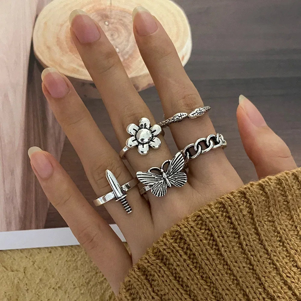 10Pcs Rings Suit For Women Silver-color Chain Ring Set Bohemian Style Coin Snake Moon Star Party Trend Gift Jewelry  rings