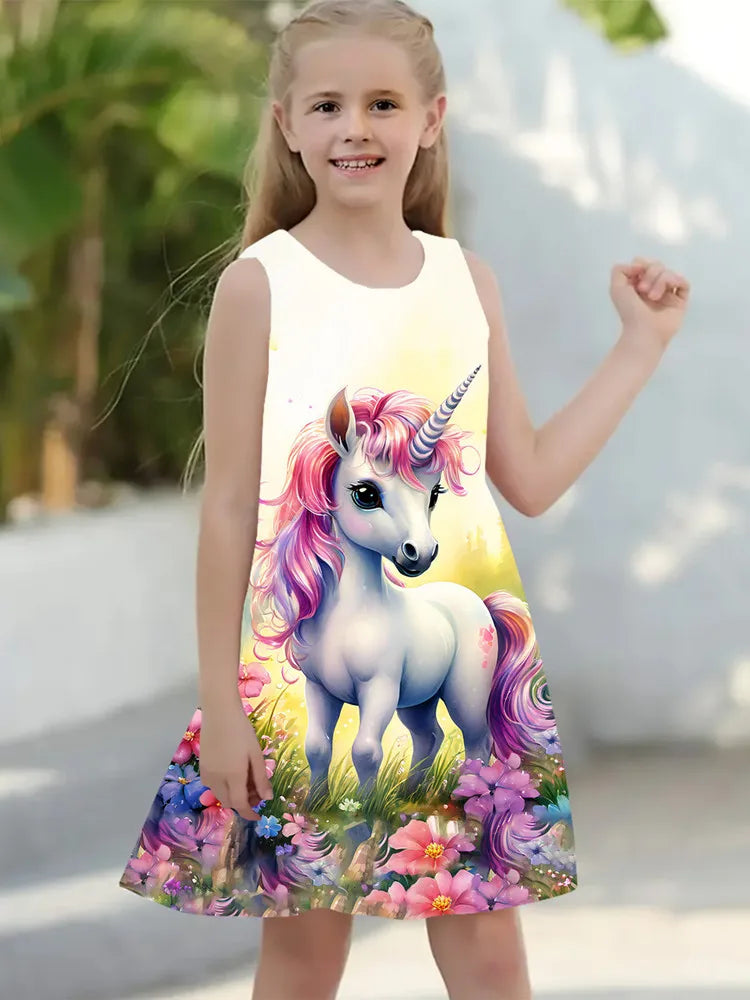 Summer Dress For Young Girls  Kids Clothes Casual Sleeveless 3D Print Children Princess Unicorn Girl Dress From 2 to 7 Years girls dresses