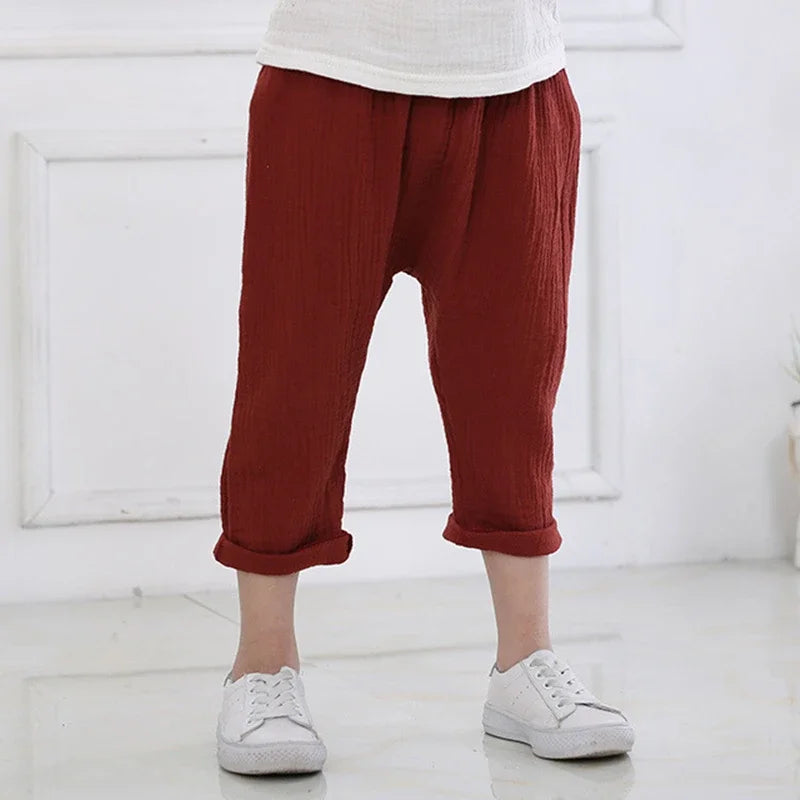 Kids Pants Boy Girl Summer Solid Color Linen Pleated Trousers Children Ankle-length Pants for Baby Casual Harem Pants  bottom boys