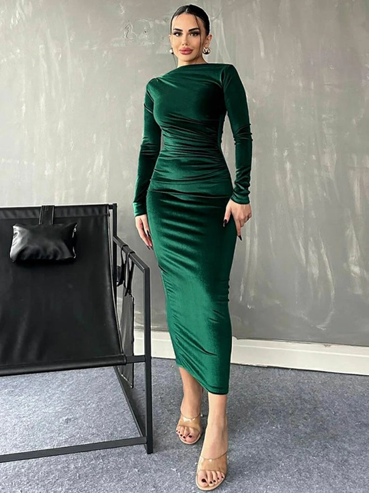 Spring Summer Velvet Long Sleeve Midi Dress For Women Ruched Long Dress Elegant Party Clothes Evening Green Outfits party dress