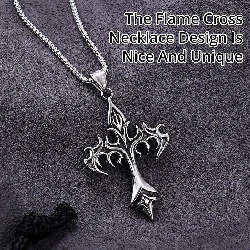 Hip Hop Fashion Jewelry Unique Design Stainless Steel Flame Cross Pendant Necklace Goth Necklaces Gift for Women Men  necklace