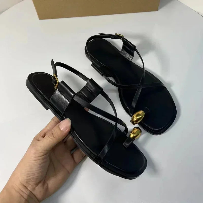 Summer Flat Sandals for Woman Fashion Metal Decoration Ladies Footwear Breathable Cross Strap Casual Clip Toe Beach Shoes casual shoes