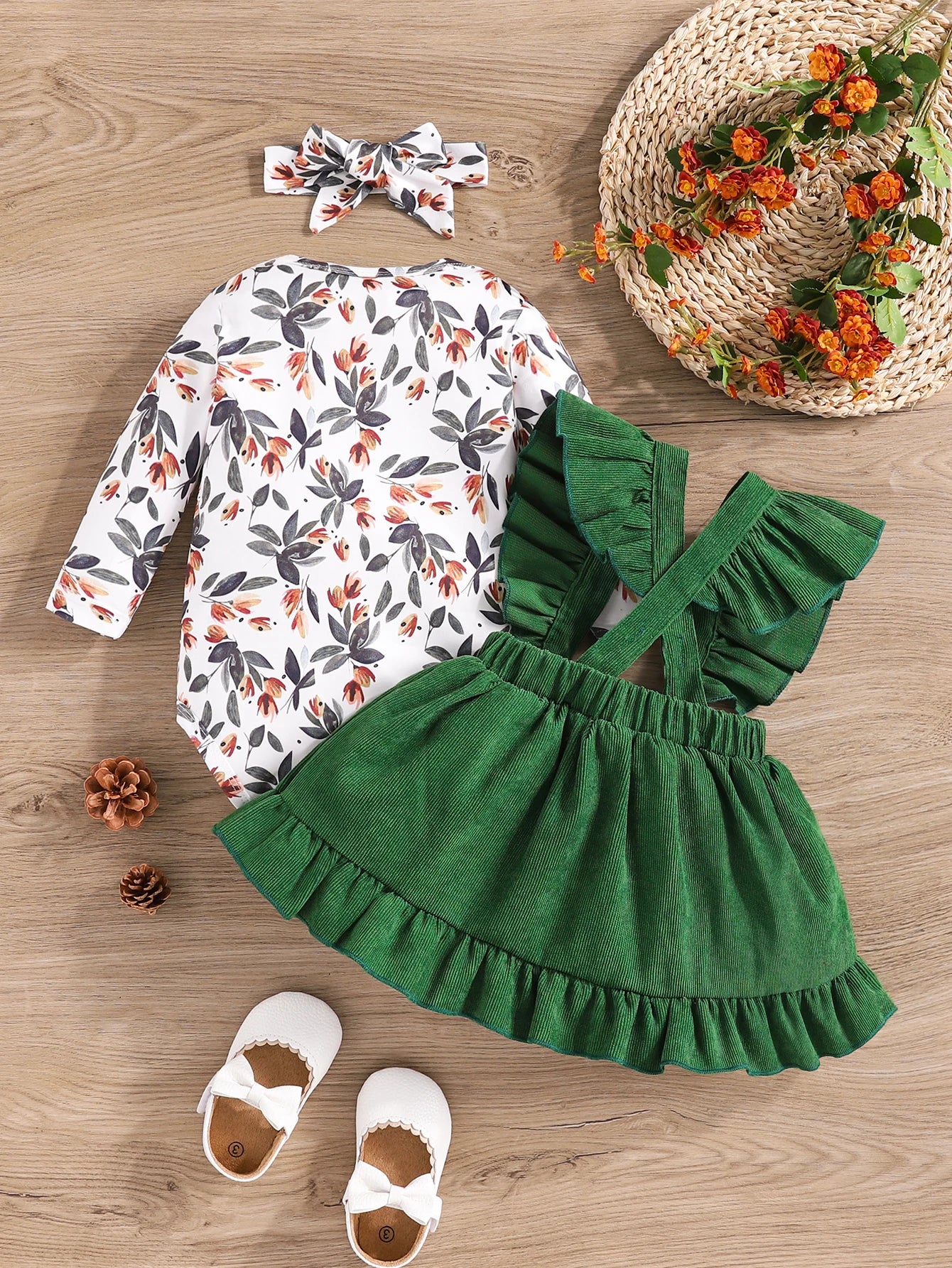 Sweet Baby Girls 3pcs Clothes Set Infant Newborn Spring &Autumn Long Sleeve Jumpsuit +Ruffle Overall Dress +Headband infants girls