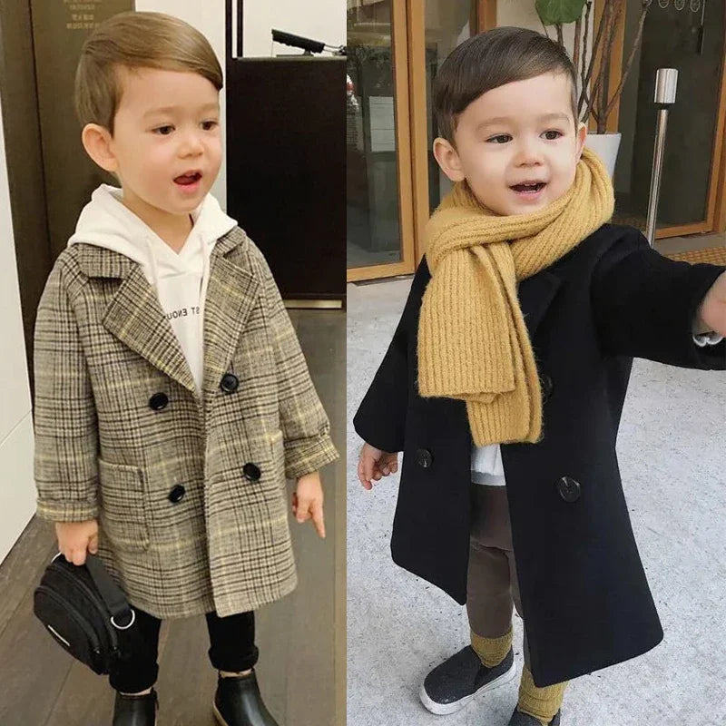 Autumn Winter Boys Fashion Jacket Solid Color Lapel Double-Breasted Long Woollen Overcoat For 2-6 Years Boys Handsome Outwear boys jackets and coats