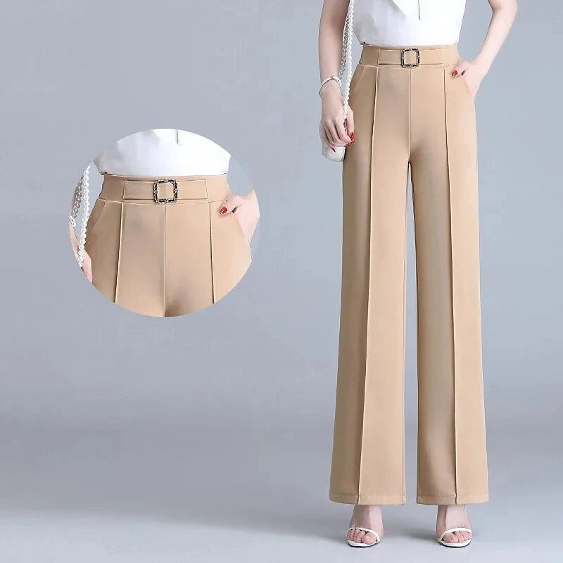 Khaki High Waist Ice Silk Wide Leg Pantalones 2023 Summer Design Mom's Straight Trousers Elegant Elastic Waist Baggy Pants Women bottom