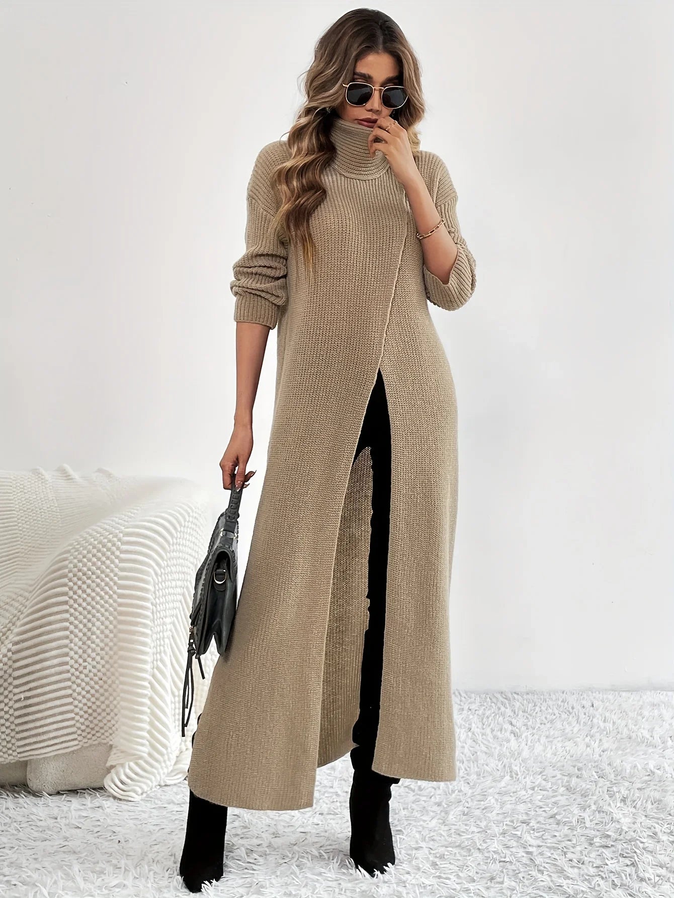 Elegant Long Knitting Sweater Women High Neck with Split Hem For Female Winter Warm Turtleneck Pullovers Maxi Dress  sweater