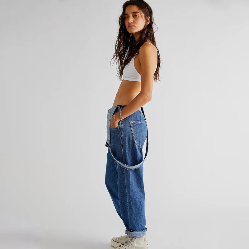 Washed Denim Overalls For Women, Internet Celebrity Style, Age-reducing, Loose Wide-leg Floor-length Trousers, jumpsuit