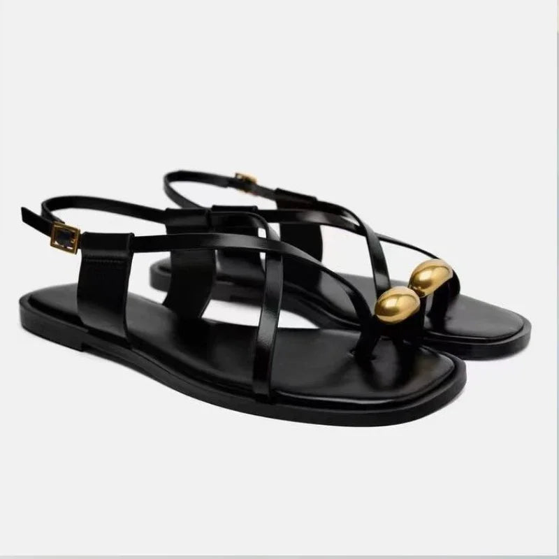 Summer Flat Sandals for Woman Fashion Metal Decoration Ladies Footwear Breathable Cross Strap Casual Clip Toe Beach Shoes casual shoes