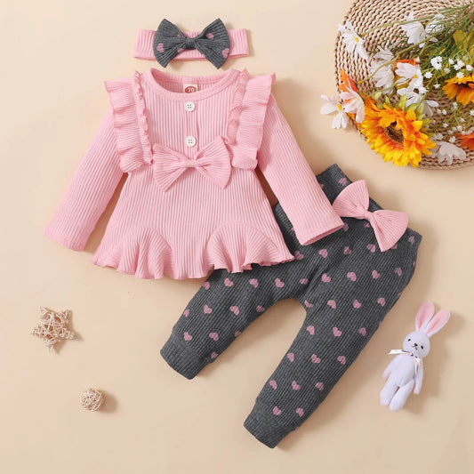 Newborn Baby Girls Clothes Set Pink Toddler Ruffle Tops Heart Print Bow Trousers Princess Casual Infant Outfits Clothes Suit infants girls