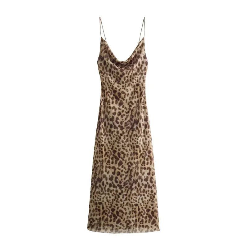 Leopard Print Long Dress Women Tulle Backless Slip Dress Woman Summer Sexy Holiday Dresses Vintage Midi Party Dress